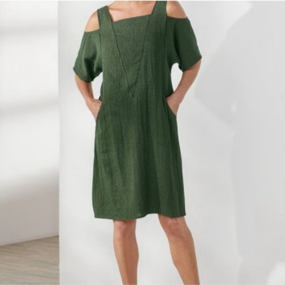 Soft Surroundings Emilia Linen Olive Green Off the Shoulder Shift Dress Petite M
